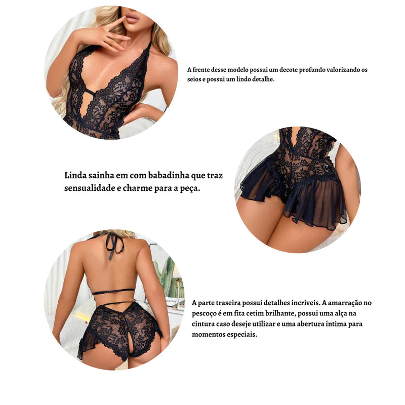 Lingerie Sexy Rendada Body SENSUAL com sainha em tule princesinha